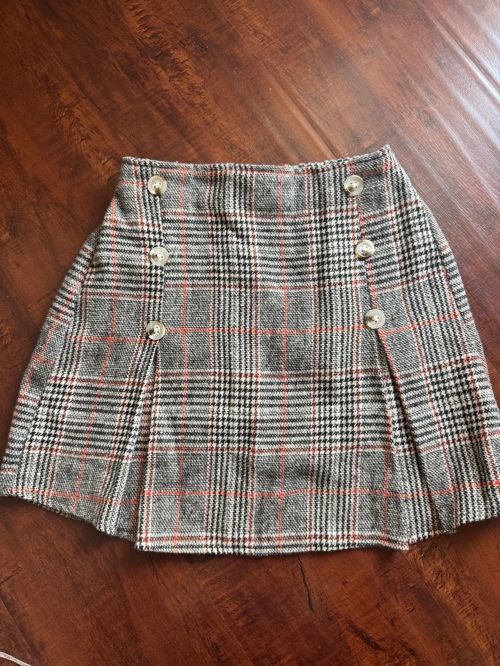 SHEIN- kids girls Plaid Button-Front Mini Skirt - Grey with Red Windowpane